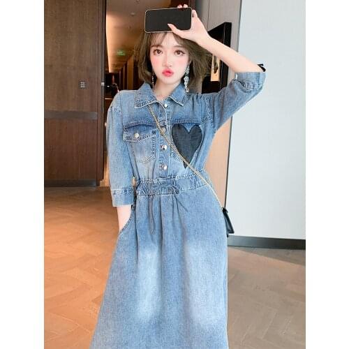 Top Quality Lapel heart patch high waist drawstring tie A-Line New denim dress for summer