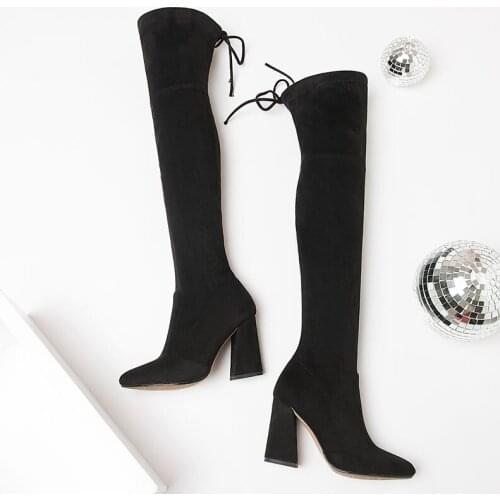 New New Flock Leather Women Over The Knee Boots Lace Up Sexy High Heels Autumn Woman Shoes Winter Women Boots Size Fad