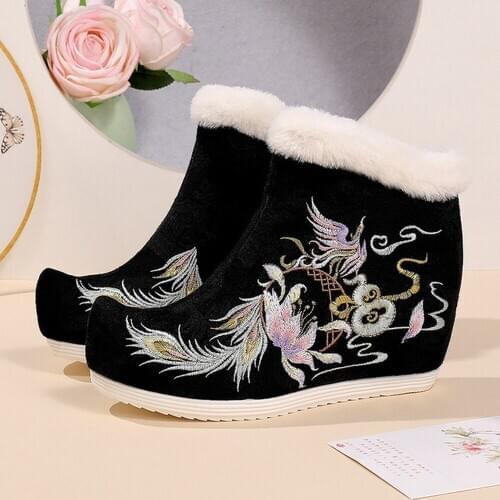 Womens Embroidery Floral Ankle Boots Hanfu Fur Liner Warm Snow Winter Hidden Heel Shoes Chinese Styles 3Colors New 2020
