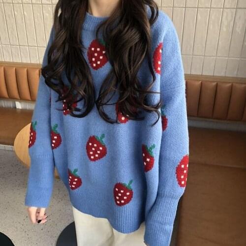Autumn Winter Women Casual Pullover Sweater Korean Fresh Strawberry Embroidery Knitted Jumper Cute Strawberry Kawaii Tops
