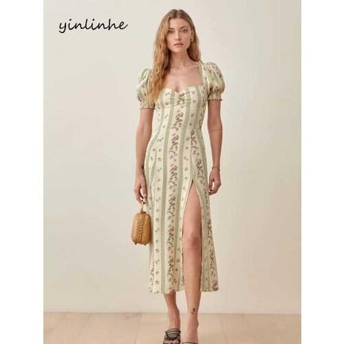 Yinlinhe Heart Collar Vintage Dress Women Short Sleeve Split Slim Summer Dress French Style High Waist Elegant Long Dresses 2101