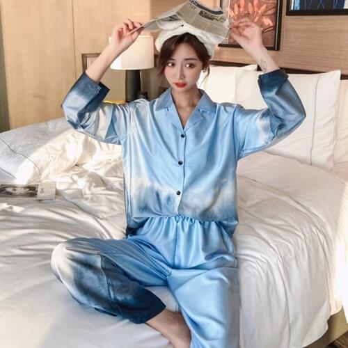 2021 Satin Womens Pajamas Suits Tie Dye Gradient Elegant Pajamas Ladies Silk Long Sleeve Summer Spring Sleepwear Lounge Wear