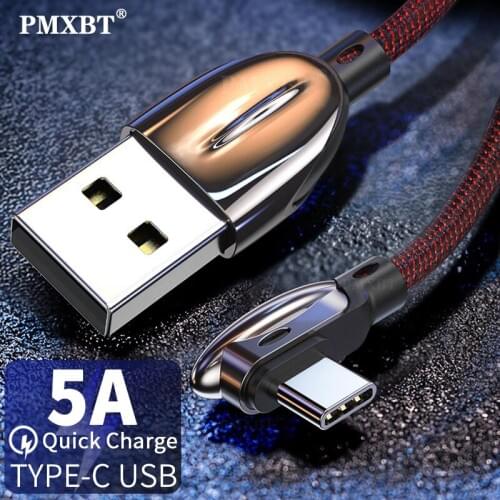 5A Super Chargre USB Type C Cable 90 Degree Elbow Fast Charging Data Cord For Huawei Xiaomi Mobile Phone USB C Charge Cable 1.2M