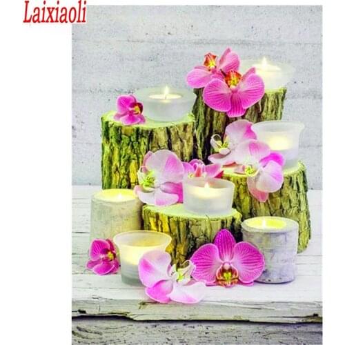 Diamond Painting Candle orchid pink flower Cross Stitch Full Square Drill Flower Diamond Mosaic Home Decoration Embroidery Sale