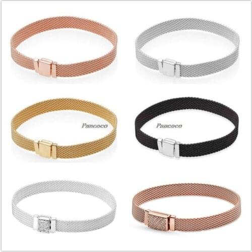 Authentic 925 Sterling Silver Rose Gold Woven Mesh Reflexions Bracelets Bangle Fit Women Bead Charm Diy Pandora Jewelry
