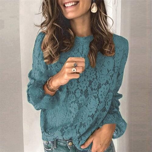 Hollow perspective flare sleeve lace blouse Long sleeve o-neck basic top Solid green black blue coffee plus size 3xl blusas