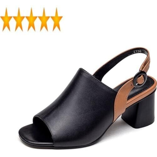 Ankle Elegant Toe Ladies Peep Strap Block High Heels Fashion Colors Mixed Women Genuine Leather Sandals Summer New Shoes