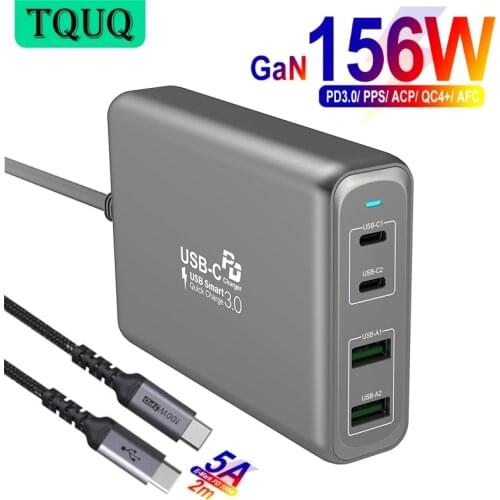 TQUQ USB C Fast Charger, 156W 4 Port PD 3.0 & GaN Fast Charger Adapter with Dual USB C Ports (100W Max), for MacBook, Laptops
