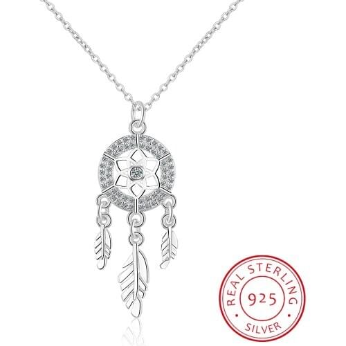 925 Sterling Silver Dreamcatcher feather Charm Necklace Pendant Silver Dream Catcher Pendant Statement Choker Necklace GTLX487