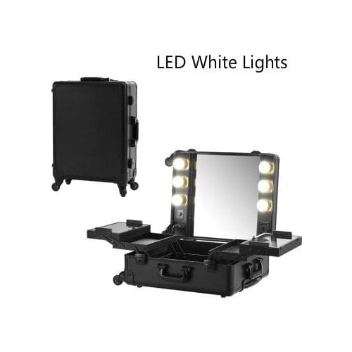 Black LED White Lights Makeup Case with Lights Professional Rolling Beauty Station Box Portable with foldable Tray 2016 New