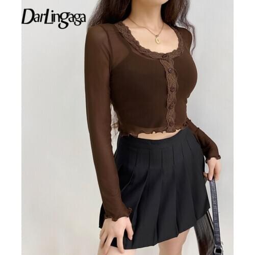 Darlingaga Vintage Sexy Lace Patchwork Brown Mesh Top Transparent Ladies T shirt Button Up Summer T-shirt Cropped Tees Clothing