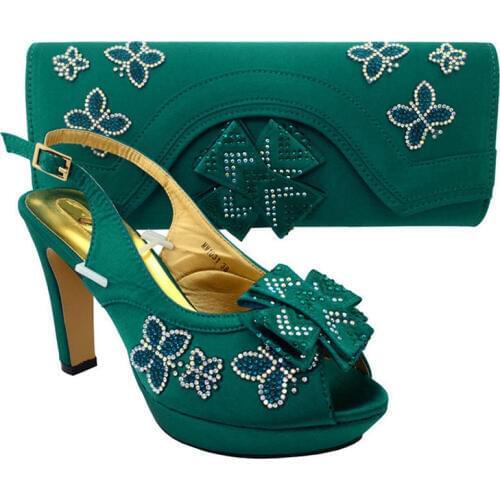 Elegant teal african shoes match bag set with rhinestones lady bowtie shoes and handbag MM1031,heel 11.5CM