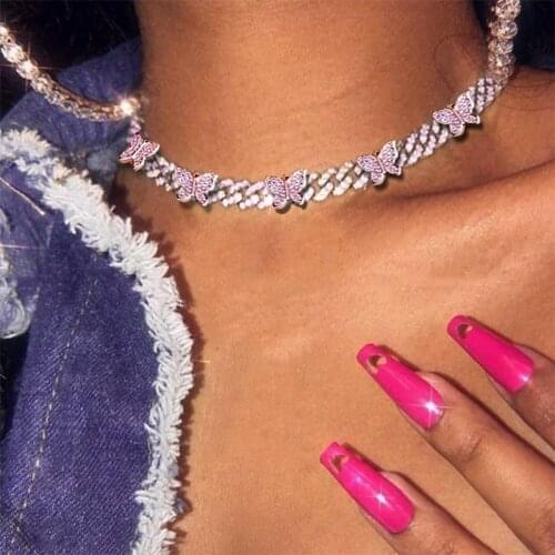 Flatfoosie Trendy New Full Rhinestone Butterfly Choker Necklaces for Women Punk Cuban Link Chain Necklace Statement Jewelry