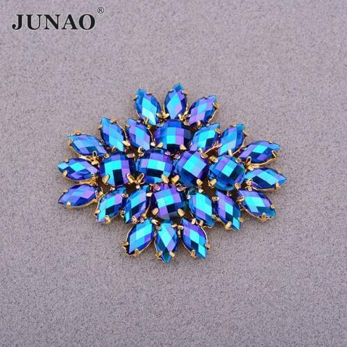 JUNAO 2pc 45*59mm Blue AB Large Flower Glass Claw Rhinestones Applique Sewn Strass Crystal Stones For Wedding Dress Crafts