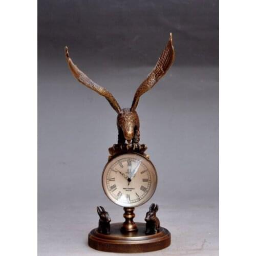 Chinese Old Collectible Decorated Old Brass Carved Eagle Mechanical Table Clock Watches brass factory outletsroom