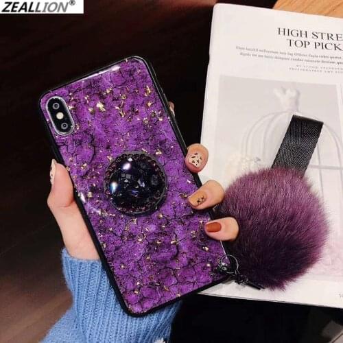 Zeallion for iPhone 6 7 8 Plus X XR XS 11 12 Pro Max Marble Bling Phone Case Crystal Ring Holder and Fur Ball Lanyard