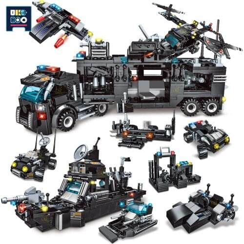 UKBOO City SWAT Police Command Truck Helicopter Model Building Blocks Weapon Boat Soldier Figures Bricks Toys for Children