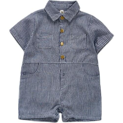 Korean Summer Baby Newborn Boys Girls Romper Short Sleeve Stripes Button Pocket Kids Children Fashion Infant Cute Clothes Outfit