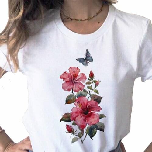 Summer 2021 Flower Butterfly Fashion Tops print ladies T-shirt casual basis O-collar white shirt short sleeve T-shirt,Drop Ship