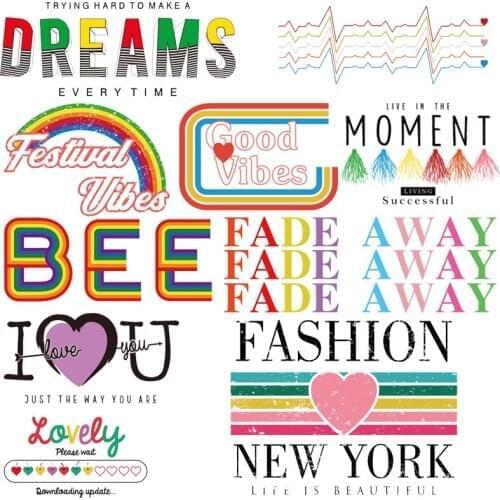 Fashionable Colorful Heart-shaped Striped Letters Vinyl Printing Iron On Girls T-shirt Heat Transfer Stickers on School Bags