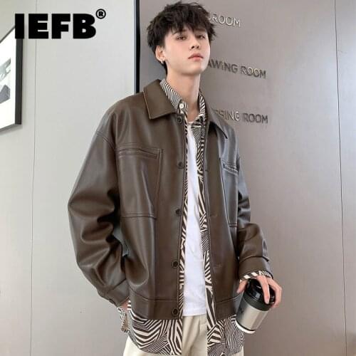 IEFB Mens Single Breasted PU Leather Jacket British Style Handsome Korean Tide Oversized Coat 2021 Autumn Winter New 9Y9462