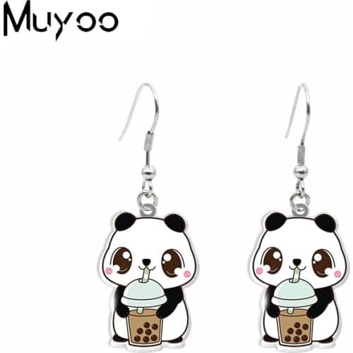 2021 New Baby Panda Loves Drink Milk Tea Epoxy Acrylic Resin Fish Hook Earrings Handmade Jewelry Dangles