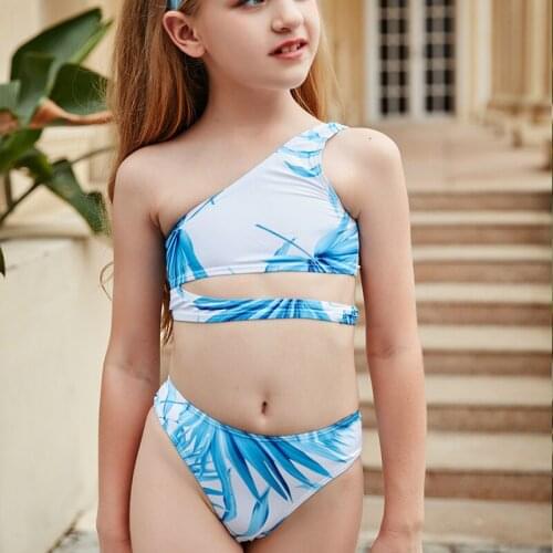 New Girls Kids Swimsuit Split Blue Print Swimwear Big Kids Beachwear One Shoulder High Elastic Bathing Suit Children Biquini