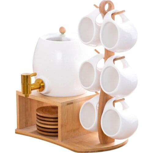 Hanging cup type 2L ceramic European style coffee water ware with faucet, bamboo and wood frame ceramic cup cold kettle set