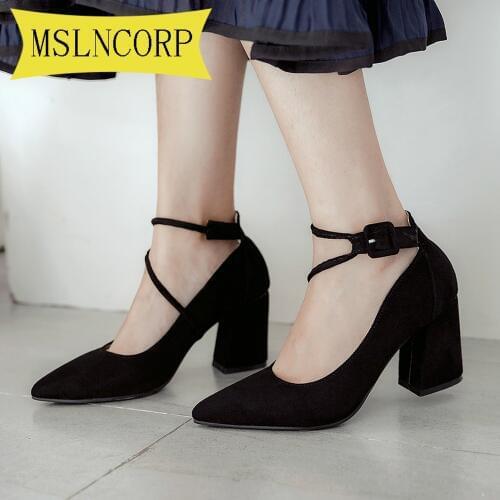 Plus Size 34-46 Womens Pumps Shoes High Heel Flock Buckle Pointed Toe Spring Autumn Sexy New Fashion Casual Wedding Party Black