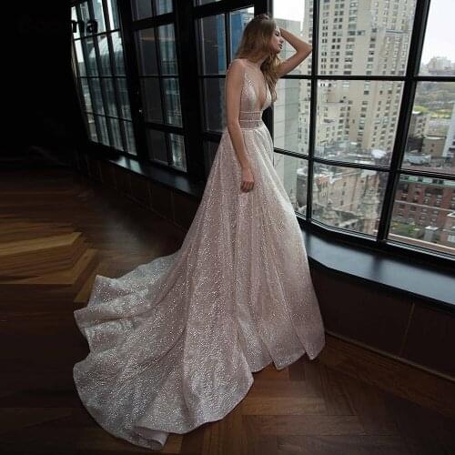 Booma Sexy Glitter Tulle Evening Dresses 2021 Plunging V-Neck A-Line Formal Prom Gowns Backless Evening Party Gowns Plus Size