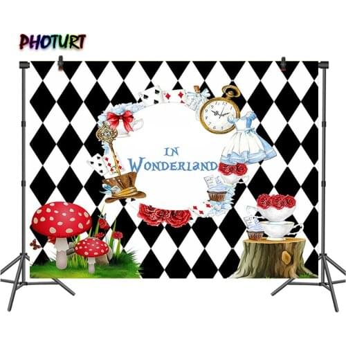 PHOTURT Alice In Wonderland Photography Backdrops Kids Birthday Party Background Black Poker Clocks Vinyl Photo Studios Props