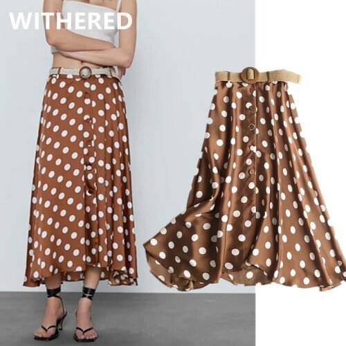 Jenny&Dave long skirts womens england office lady vintage polka dot high waist sashes loose midi skirt women faldas mujer moda
