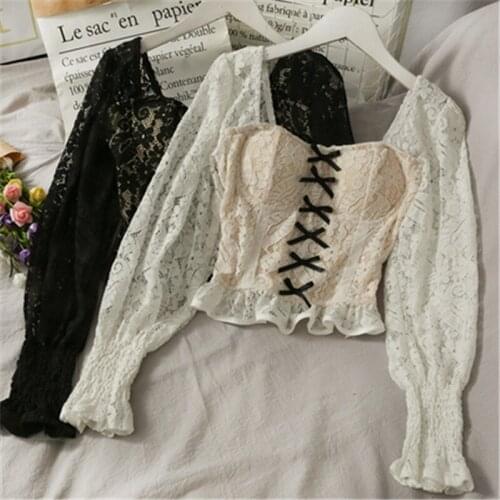 Spring Women Long Sleeve Ruffles Blouses Sweet Bandage Hollow Out Floral Lace Blouse Female Square Collar Folds Shirt Short Tops