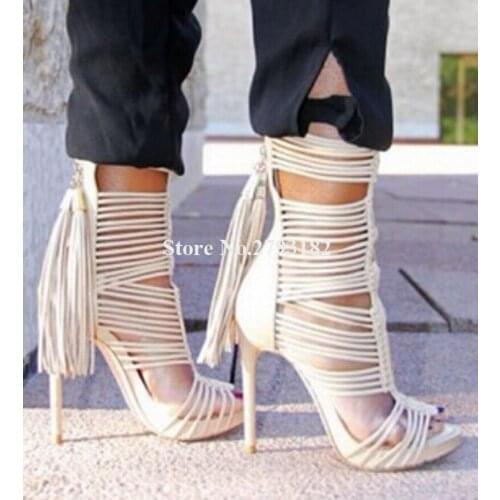 Brand Design Women Fashion Stiletto Heel Short Gladiator Boots White Black Thin Straps Tassels High Heel Ankle Booties