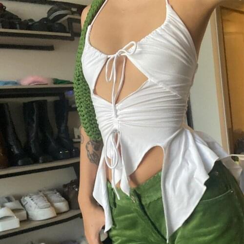 Women Sexy Hollow Out Vest Solid Halter Crop Tops Skinny Clubwear Bustier Top Y2K Aesthetic Casual Tank Tops Vest Streetwear