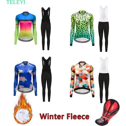 Women Thermal Fleece Cycling Jersey Set 2021 Winter Bicycle Clothing Bib Pants Mtb Bike Clothes Wear Dress Kit Female Skinsuit