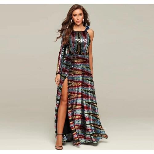 2020 Women Sequin Celebrity Party Vestidos Long Maxi Fashion Dress Spring High Split Backless Patchwork Clubwear Vestidos