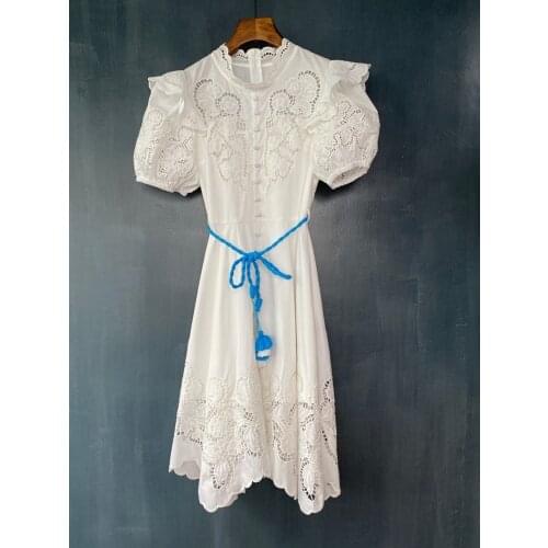 Tops Fashion New 2021 Summer Dress High Quality Women O-Neck Hollow Out Embroidery String Belt Deco Short Sleeve Cotton Dress