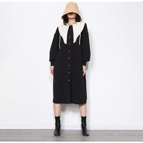Free Shipping Runway Designer Mid Chiffon Dress For Women Spring Autumn Fashion Black Sailor Collar High Waist Dresses