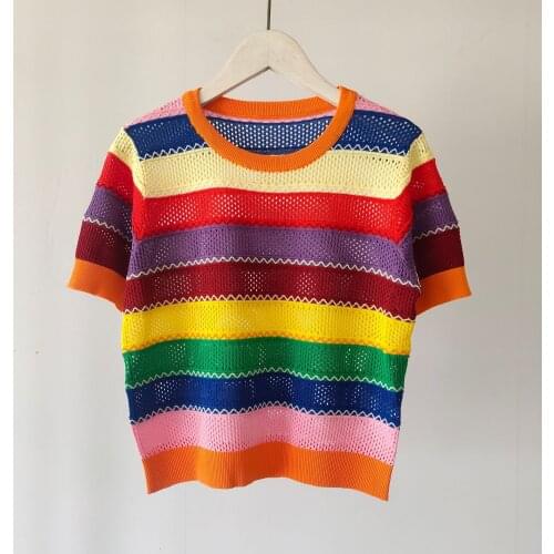 2021 Summer womens Rainbow stripe T-shirts Hot Fashion Knit hollow-out Tee tops C021