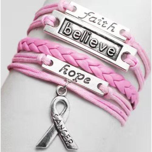 50pcs/lot Fashion Multilayer Love Faith Believe Letter Believe Breast Cancer Awareness Charm Bracelets For Women