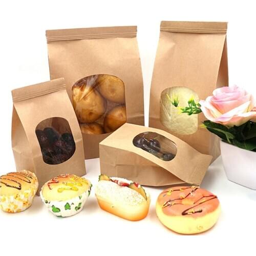 50Pcs Bakery Bags with Clear Window Sealing Grease Proof Kraft Paper Bag for Food Snacks Cookie Coffee