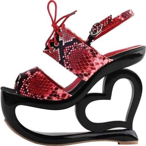 LF40222 SHOW STORY Retro Lace-Up Snake Skin Print Heart Heel Wedge Evening Platform Sandals