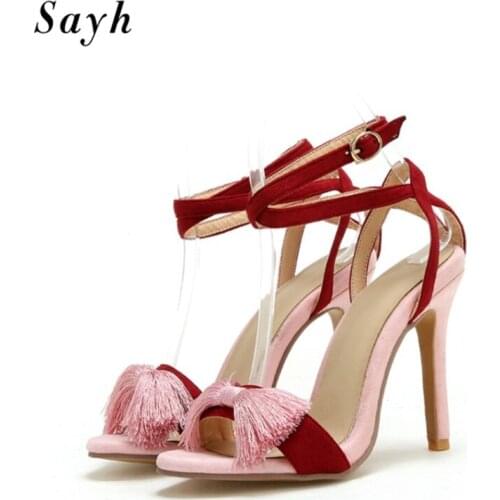 Summer Women Peep Toe Pumps Sweet Bowknot Tassels Fringe Sandals Party Prom Shoes Cross Strap Suede Stilettos