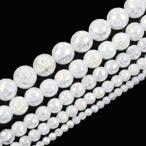 15"Strand 6-12mm Faceted White Natural Stone Beads AB Cracked Crystal Round Loose Spacer Beads For Jewelry Making
