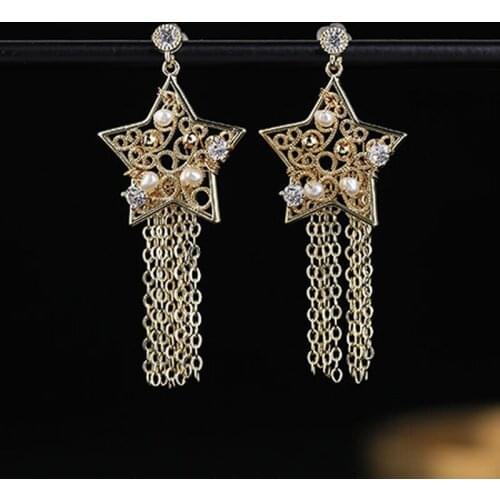 Zircon Pearls Dangle Earrings Fashion Five-pointed Star With Copper Wire Tassels Long Earrings Star Brincos Jewelry For Women