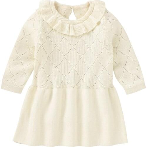 Baby Autumn Winter Dresses Clothing Newborn Infant Kids Girl Party Long Sleeve Dress Solid Knitted Hollow Dress Clothes 0-24M