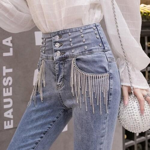 Spring Autumn New Retro Style High Waist Elasticity Jeans Women Street Solid Color Little Feet Jeans Ladies Denim Jacket