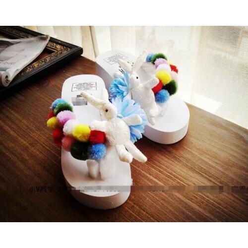 HAHAFLOWER Hot Sale Summer Non-Slip Sandals Female Slippers For Women Sandals Indoor White rabbit colored hair ball Flip Flops