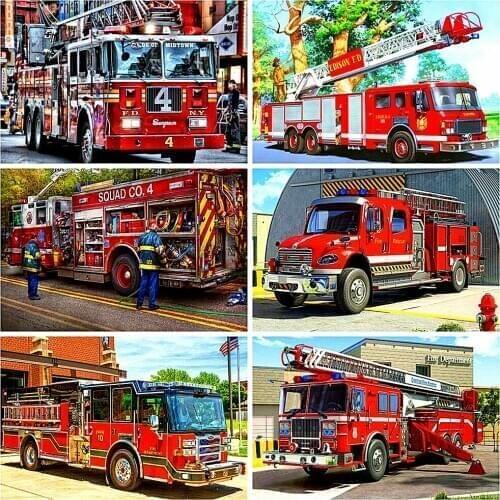 HUACAN 5D DIY Diamond Painting Full Drill Square Fire Truck Landscape Home Decoration Embroidery Lover Gift